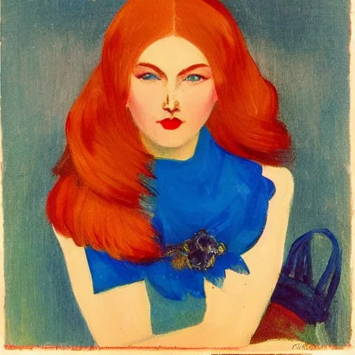 Image similar to Woman model appearance, in the colors of Russian folk art, red hair, coral lips blue shadow, style Edward Hopper