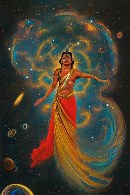 Image similar to a hyperrealistic portrait of an Indian diety flying in the cosmos, by rlon wang, 8k