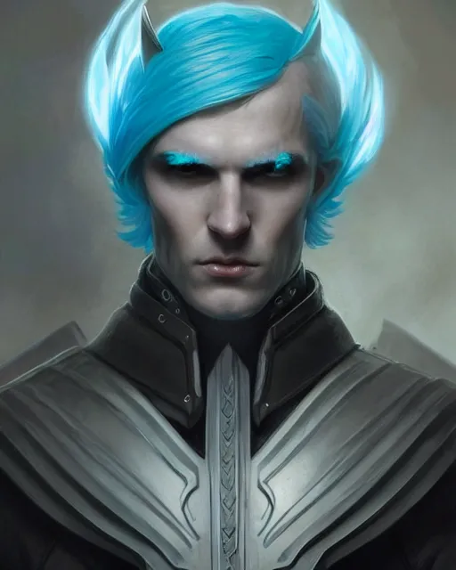 Prompt: character portrait of a slender young half elven man with white hair, piercing turquoise blue eyes, and pale blue skin, wearing sleek black armor, by greg rutkowski, mark brookes, jim burns, tom bagshaw, magali villeneuve, trending on artstation