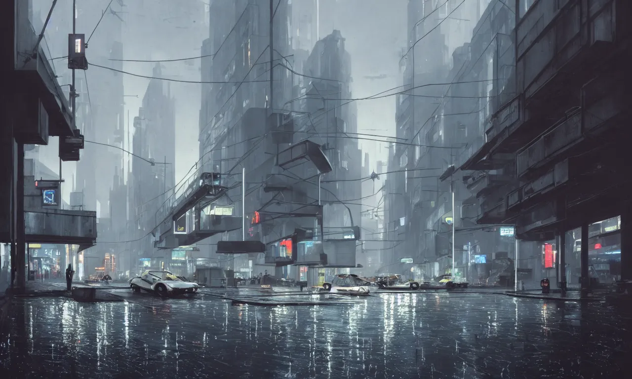 Prompt: photorealistic streetscape, simple brutalist architecture, metal, concrete, puddles of water, white neon lights, neon signs, flying vehicles, pedestrians, greg rutkowski, syd mead, ralph mcquarrie, concept art, matte painting, finely detailed, minimal artifacts, rule of thirds, dynamic lighting, cinematic, denoised, centered, artstation