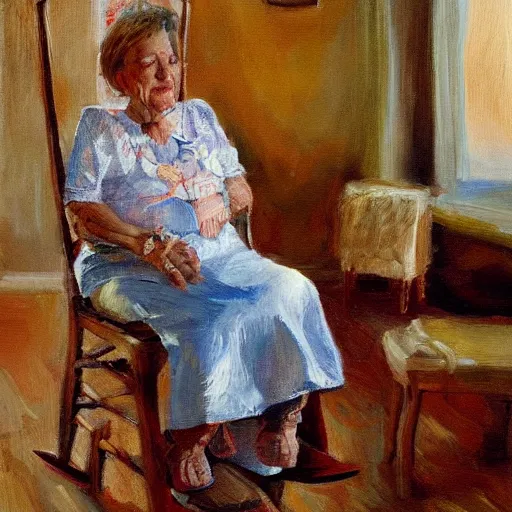 Image similar to painting in the zandinsky style of a grandmother sitting in a rocking chair, surrounded by her grandchildren, while she tells them a story, hiperrealism, artstation