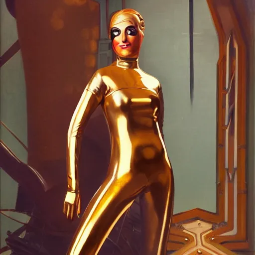 Prompt: closeup painting of uncannily beautiful aristocrat wearing latex and bronze catsuit and face paint inside bronze art deco arcology, science fiction by j. c. leyendecker and fritz lang and rembrandt and greg rutkowski and stefan prohaczka