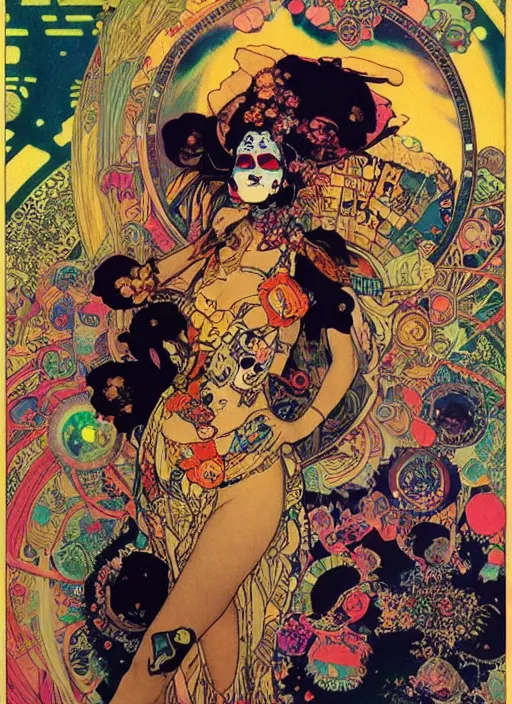 Image similar to cute punk goth fashion fractal Día de los Muertos tattooed girl posing in a space suit, psychedelic poster art of by Victor Moscoso Rick Griffin Alphonse Mucha Gustav Klimt Ayami Kojima Amano Charlie Bowater, masterpiece