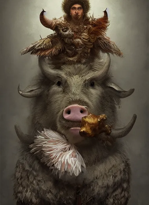 Image similar to a hyper detailed painting of an anthropomorphic joaquin phoenix as the king of animals, cow horns, pig nose, sheep wool, chicken feathers, horror, by anna podedworna, by miklos ligeti, by diego maricato, by taran fiddler, by antonino truisi, by chris reddie, on artstation