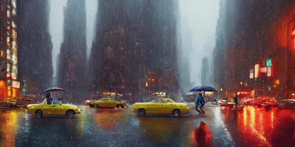 Image similar to a ultra photorealistic and sharp film still trough a raincovered window on a rainy but colourful day in new york. sparkling lights, people with umbrellas standing in the street, wide shot, frog perspective, wes anderson, studio ghibli, pixar and disney animation, octane render, anime key art by greg rutkowski, dramatic lighting, award winning photography