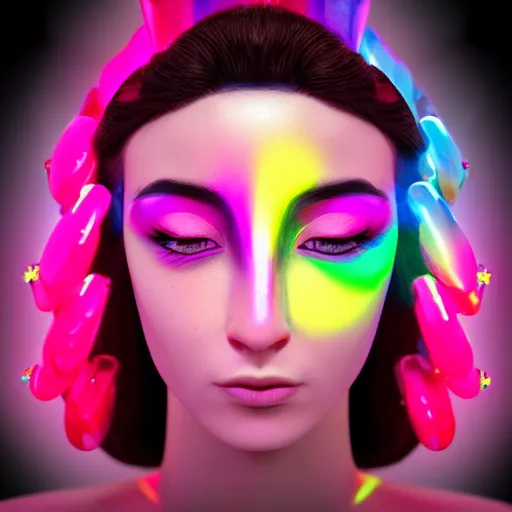 Image similar to A head and shoulders portrait of a Prismatic Spectrum Cosmic Magical Girl from the Rainbow Sky Paradise playing Dance Dance Revolution at Eurovision and Tomorrowland, full round face, beautiful piercing symmetric eyes, slight smirk, medium shot, lit by flashing pixel light, ambient occlusion, DAZ, cinematic lighting, 3D render, glowing neon, unreal engine 5