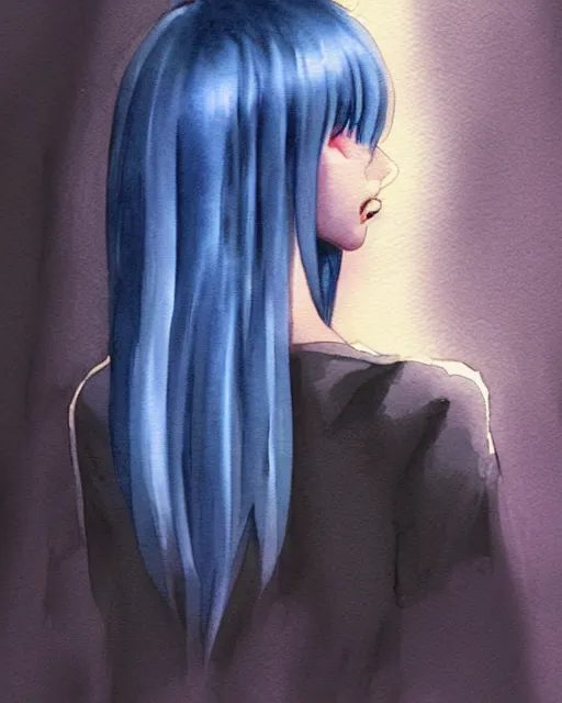 Prompt: watercolor painting of a pretty girl with Blue hair, wearing a Black dress, night city Background. In the style of ilya kuvshinov, dramatic lighting, fantasy, intricate, elegant, highly detailed, lifelike, photorealistic, digital painting, bokeh, HDR, high resolution, artstation, concept art, smooth, sharp focus, art by Krenz Cushart and Albert Aublet