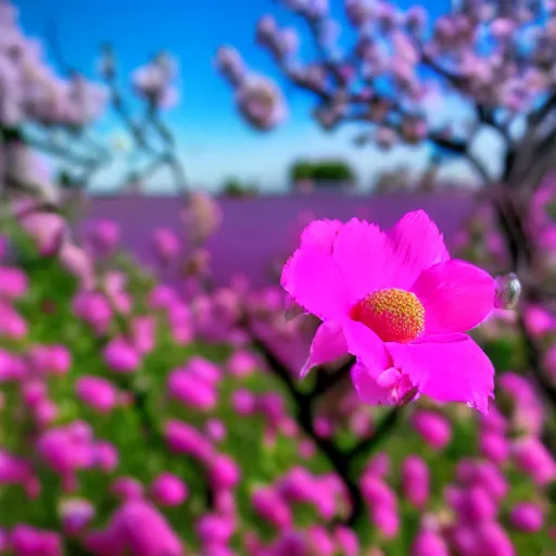 Image similar to pink perfume bottle sitting on the middle of a blue lake, close up shot, upfront, surrounded by pink flowers, blurred blue sky backround, softly - lit, soft - warm, zen, light, modern minimalist f 2 0 clean