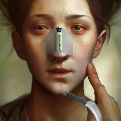 Image similar to epic portrait an female nurse with short sleeves and a mask holding a syringe, sweaty skin, hyperrealistic, expressive, emotional, moody, contre jour, octane render, cinematic, beautiful face and flawless skin, perfect hands, 5 fingers, by Edgar Maxence and Ross Tran and Michael Whelan, Legends of Runeterra