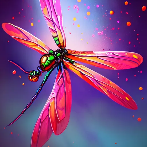 Prompt: A dragonfly flying , several colorfully discos exploding behind it by Stanley Artgerm Lau, game pack, assets, WLOP, Rossdraws, James Jean, Andrei Riabovitchev, Marc Simonetti, and Sakimichan, trending on artstation , assets, HD , strong contrast