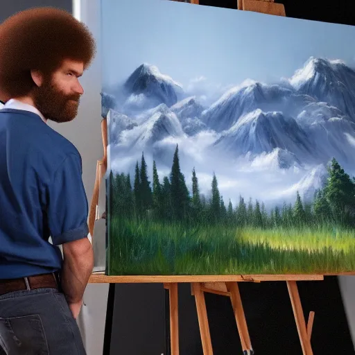 Image similar to a closeup photorealistic photograph of bob ross working on a canvas painting of spiderman. film still. brightly lit scene. mountains and trees. this 4 k hd image is trending on artstation, featured on behance, well - rendered, extra crisp, features intricate detail, epic composition and the style of unreal engine.