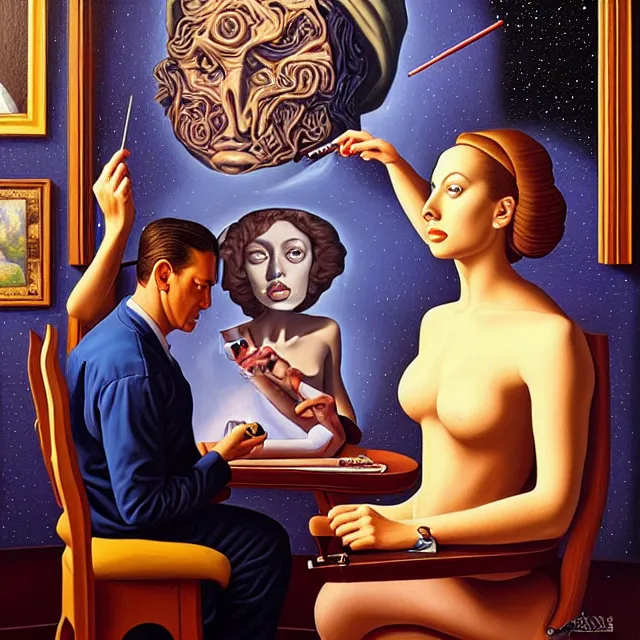 Image similar to an oil on canvas portrait of a man painting a portrait of a beautiful woman surrounded by portrait paintings, surrealism, surrealist, cosmic horror, rob gonsalves, high detail