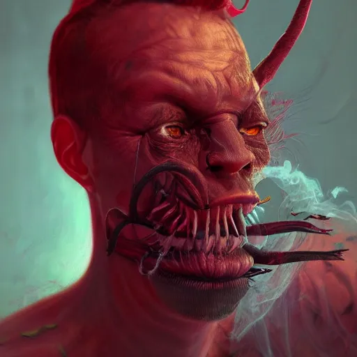 Image similar to realistic extremely detailed photo style portrait painting of a demon with smoke for hair and red burning eyes, siting in a chair, hybrid moebius, brom, artstation moody colors, octane render, 4k