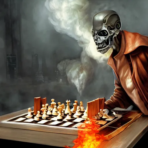 Image similar to apocalyptic, the terminator playing chess and eating cheese. smoke. volumetric lighting, sharp focus, ultra detailed, cgsociety - w 1 0 2 4 - n 8 - i