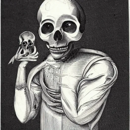 Prompt: a picture of a humanoid bird holding a skull as william shakespeare, traditional art style