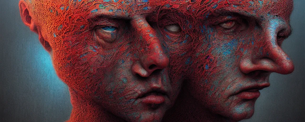 Image similar to portrait of a man in the style of android jones and zdzislaw beksinski