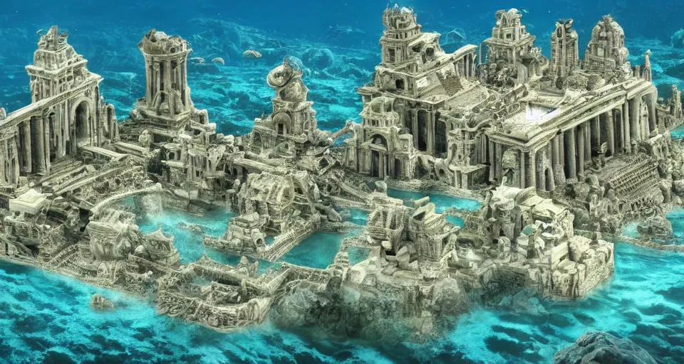 Image similar to a magnificent underwater photo of the lost city of Atlantis, fully built buildings, hyper detailed, 4K