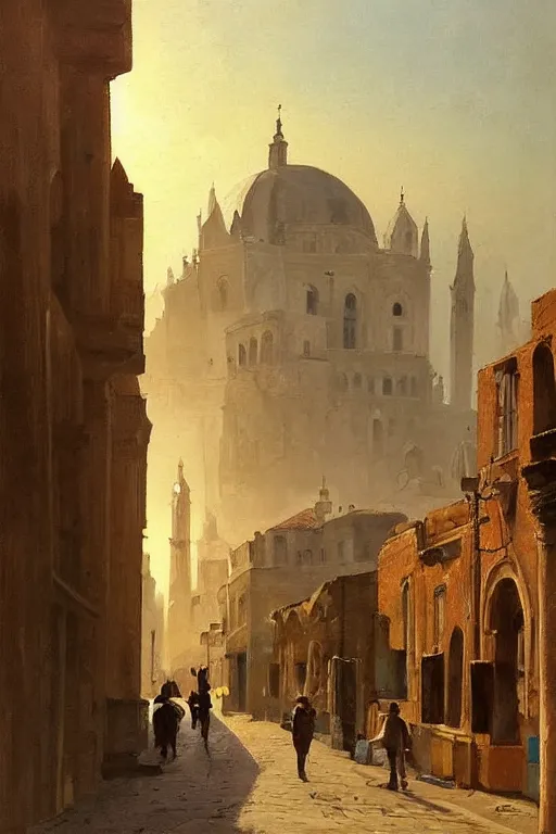 Prompt: painting of view of old European city with mix of middle eastern architecture fusion, photoreal, sunset light, painting by Charles Leickert , old master painting