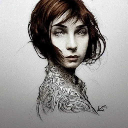 Prompt: pen and ink sketch of a welsh teenage girl with brown hair, glowing skin, delicate features, amelie poulain, fantasy, intricate, elegant, dress shirt and tie, highly detailed, digital painting, artstation, concept art, smooth, sharp focus, illustration, art by Krenz Cushart and Artem Demura and alphonse mucha, black and white