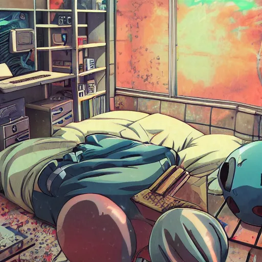 Prompt: anime background of the interior of an underwater makeshift bedroom created hastily inside a small containment unit, a loft bed, book case, computer desk, various coral seashells overtaking it, nostalgia, vaporwave, litter, steampunk, cyberpunk, water caustics, anime, vhs distortion, dynamic shot, cinematic, letterbox, art created by miyazaki