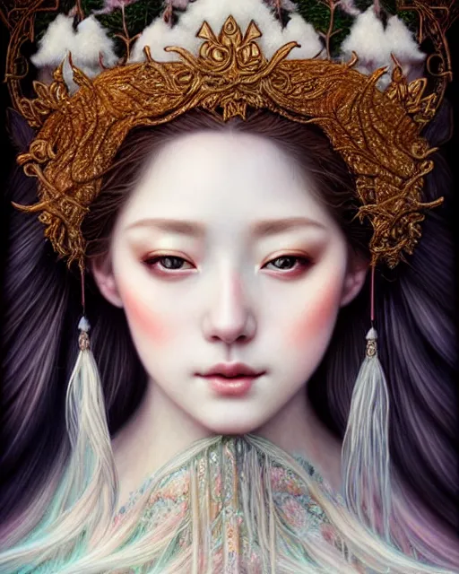 Prompt: portrait of a beautiful winter goddess, sweet, graceful, esoteric, muted colors, head in focus, fantasy art, ornamental aesthetics, intricate, elegant, highly detailed, hyperrealistic painting, artstation, concept art, painterly, sharp focus, hasselbrad photography, illustration, art by chie yoshii
