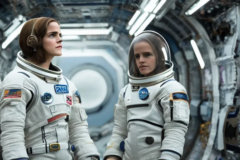 Prompt: medium shot of Emma Watson as an astronaut in Interstellar (2014 film), detailed face, movie still, promotional image, imax 70 mm footage