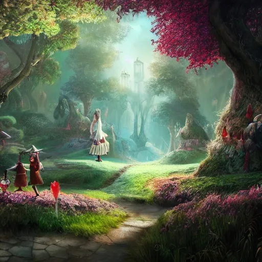 Image similar to photorealistic fantasy concept art of the world of Alice and wonderland landscape, dynamic lighting, magical, mysterious, hyperrealism, 8k resolution, HD quality