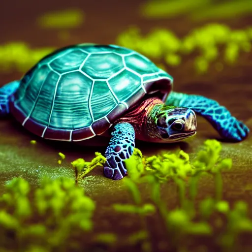 Prompt: a picture of a turtle hugging a flower, vivid colours, depth of field, 50mm