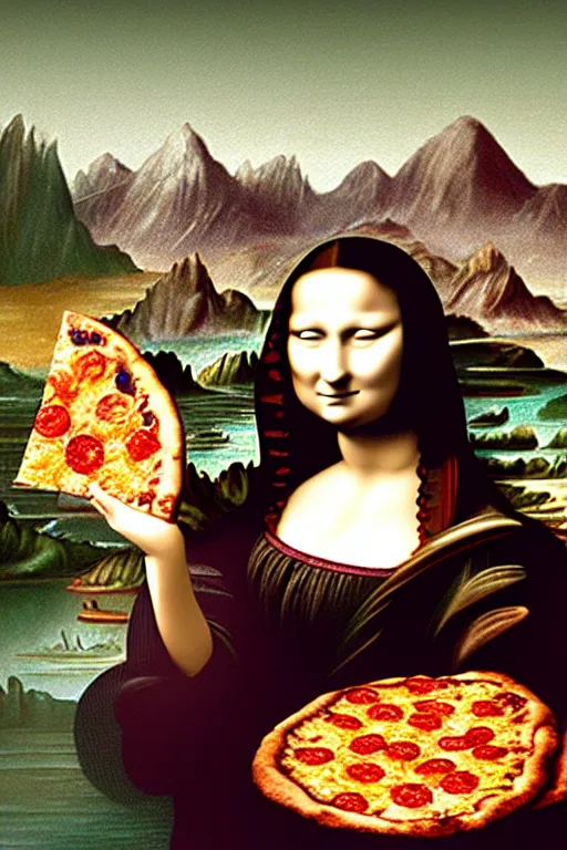 Prompt: hyperrealistic woman holding a slice of pizza in her hands, the slice of pizza is held in mid air, near her face, in the artistic style of mona lisa