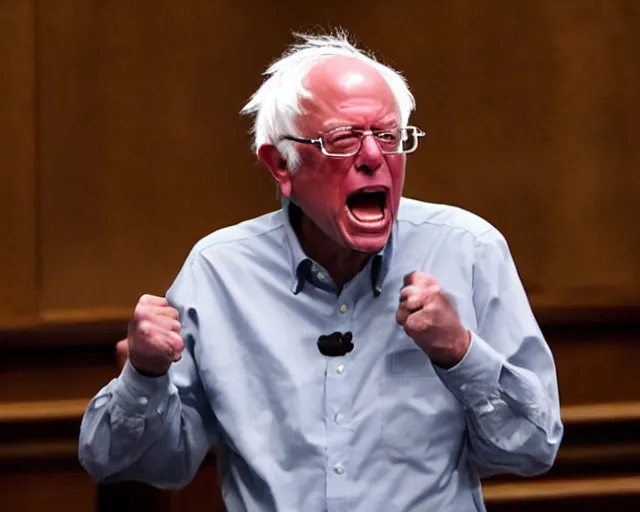 Prompt: Super Saiyan Bernie Sanders screams during philibuster speech in the Senate Chamber (AP Photo/)
