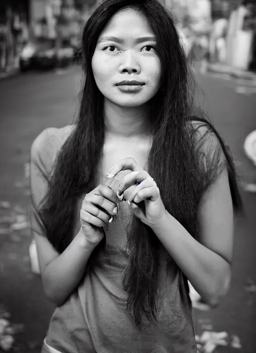 Prompt: Mid-shot portrait of a beautiful woman in her 20s from Indonesia, with long hair, candid street portrait in the style of Martin Schoeller award winning, Sony a7R