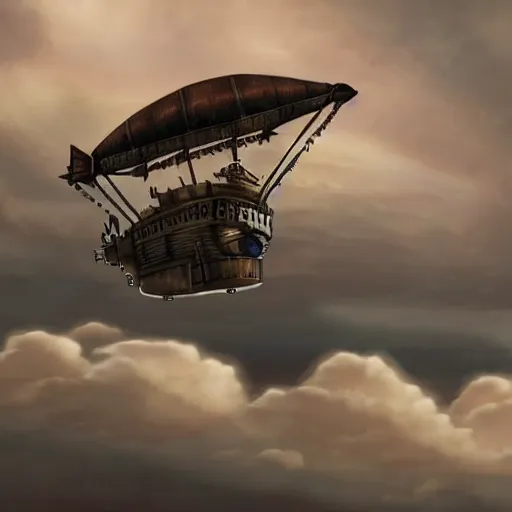 Image similar to A steampunk airship flying through the clouds towards a towards a steampunk city