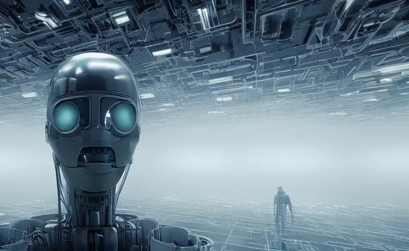 Image similar to extremely detailed cinematic movie still 3 0 7 7 foggy portrait shot of a robot in an endless data centre by denis villeneuve, wayne barlowe, simon birch, marc simonetti, philippe druillet, beeple, bright volumetric sunlight from small windows, rich moody colors, closeup