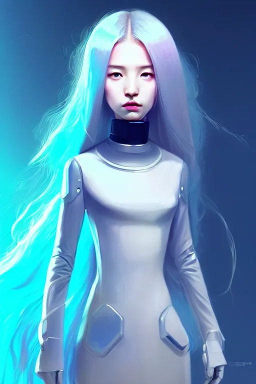 Image similar to perfect android girl family, full body character design, artgem, scifi, futuristic design, bae suzy, long white hair!!!, blue eyes, bold fashion and strong silhouettes, cinematic lighting, highly detailed, artstation, divine, by huifeng huang, beeple, goro fujita, smooth gradient.