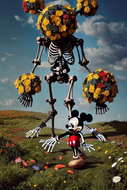 Prompt: a skeletal, mickey mouse made out of flowers and bones, taking a giant robot for a walk by beeple, nychos and arcimboldo, highly detailed octane render