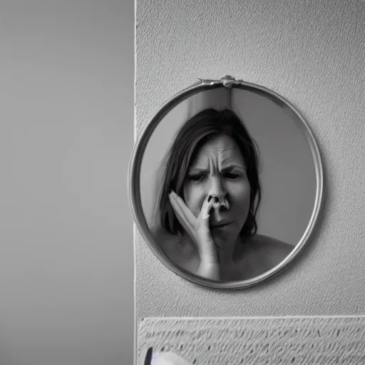 Prompt: sad woman looking in a mirror at a blank smooth face, black and white