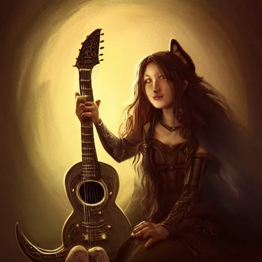 Image similar to Bard rocking out with a guitar in a medieval pub, female, fantasy, arcane glow, druidic runes, dramatic, intricate, sly smile, human face, fox ears, elegant, highly detailed, digital painting, artstation, concept art, smooth, sharp focus, illustration, octane render, art by Leesha Hannigan, Ross Tran, Thierry Doizon, Kai Carpenter, Ignacio Fernández Ríos