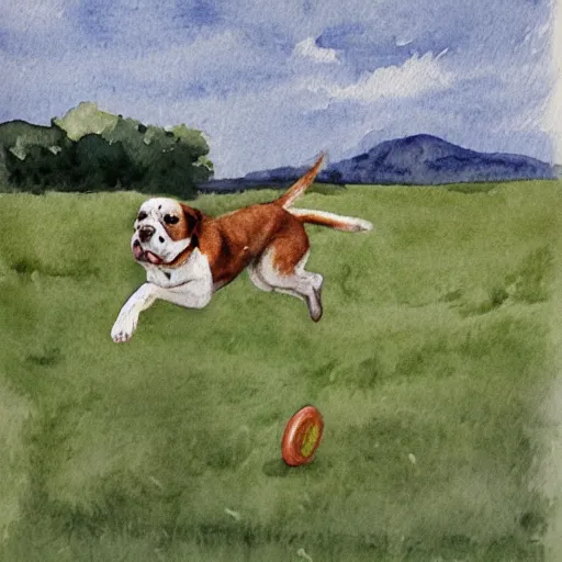 Image similar to a dog jumping to catch a frisbee in a field, watercolor