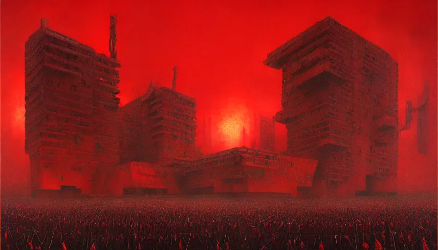 Image similar to only with red, soviet communism horror brutalist architecture apocalyptic with soviet flag, crowd cheering, in the style of beksinski and rodcenko and yue minjun and cory loftis, intricate and epic composition, red by caravaggio, highly detailed, masterpiece, red light, artstation, art nouveau