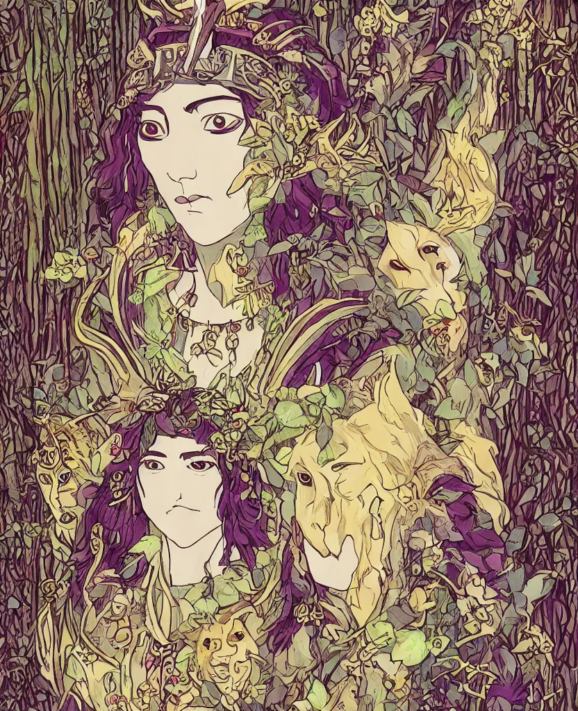 Image similar to portrait of Princess Mononoke wearing her mask, lush forest landscape, style of Art Nouveau, gems and gold, waterfalls, denoised, sharp,