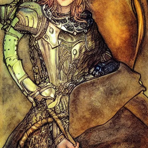 Prompt: portrait of knight, golden hour, illustration by Brian Froud and John Bauer, ornate lineart