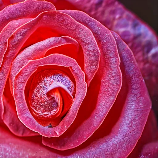 Image similar to a zoomed in macro 8mm photo of a red rose petal, macro photograph, photo, photorealistic, microscopic photo,
