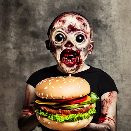 Image similar to a humanoid bipedal upright zombie that strongly resembles a hamburger, professional food photography