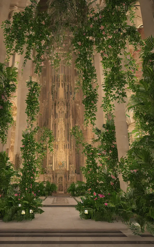 Image similar to beautiful grand cathedral interior with koi! pond!! in the! middle! surrounded by palm trees, ivy, flowers!!, tropical plants, roses!!, and with archways, rendered in octane render with photorealistic volumetric cinematic lighting, wide angle, horizontal symmetry, symmetrical! 8 k