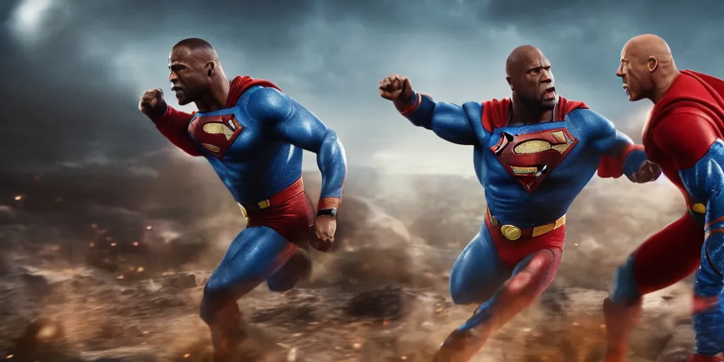 Image similar to kevin hart beating up the dwayne johnson in a superman costume, octane render, hyperdetailed