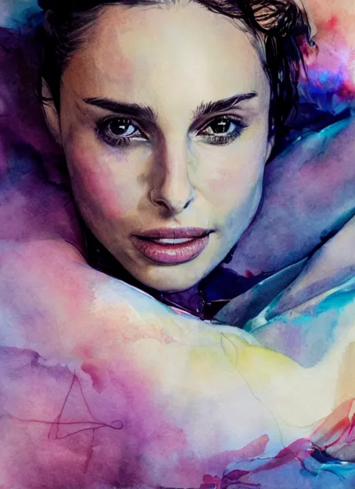 Prompt: sexy seducing smile nathalie portman in bed by agnes cecile, half body portrait, extremely luminous bright design, pastel colours, ink drips, autumn lights