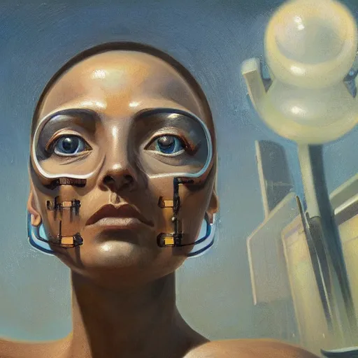 Prompt: detailed face of a woman with obsidian eyes in a architectonic courtyard with dna sculptures at a science expo, atmospheric, ambient, pj crook, syd mead, livia prima, artgerm, greg rutkowski, nick alm, casey baugh