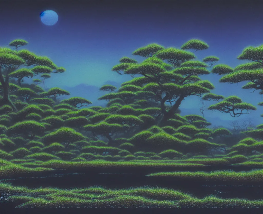 Image similar to a landscape pastel in the style of noriyoshi ohrai and mark tedin of an ancient swamp, night time. key art. 4 k retrofuturistic fantasy