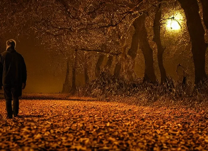 Prompt: A man walks through a path of dead leaves, his figure barely illuminated by a sliver of moonlight. The scene is eerie and creepy, with a synthwave aesthetic adding to the feeling of unease. The chiaroscuro lighting creates a sense of foreboding, evoking the films of David Cronenberg. The leaves crunch underfoot, and the man's breath is visible in the cold night air.