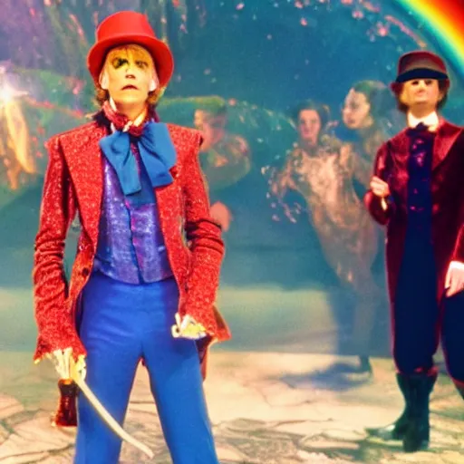 Prompt: awe inspiring David Bowie pkaying Willy Wonka 8k hdr movie still dynamic lighting